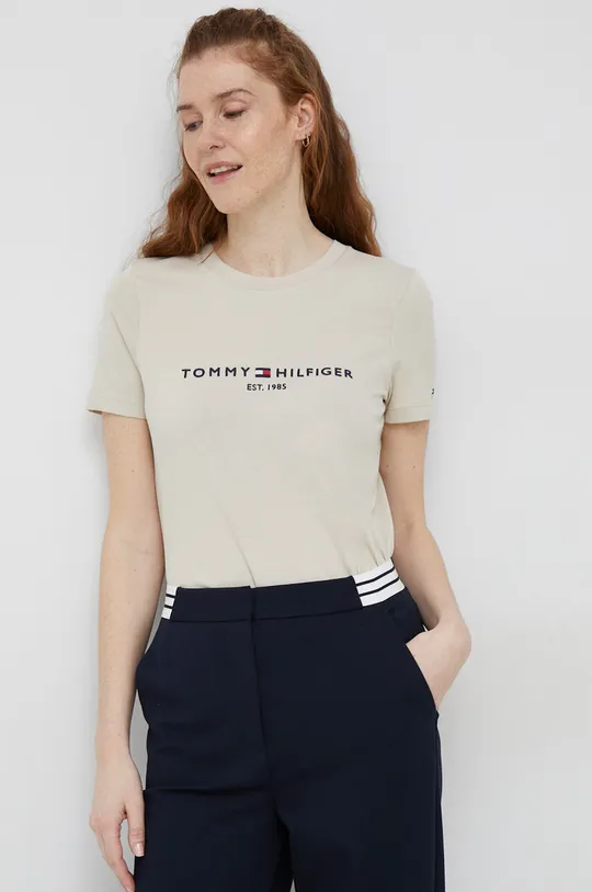 písková Bavlněné tričko Tommy Hilfiger Dámský