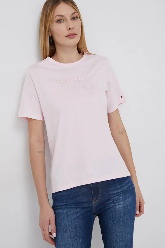 różowy Tommy Hilfiger T-shirt bawełniany Damski
