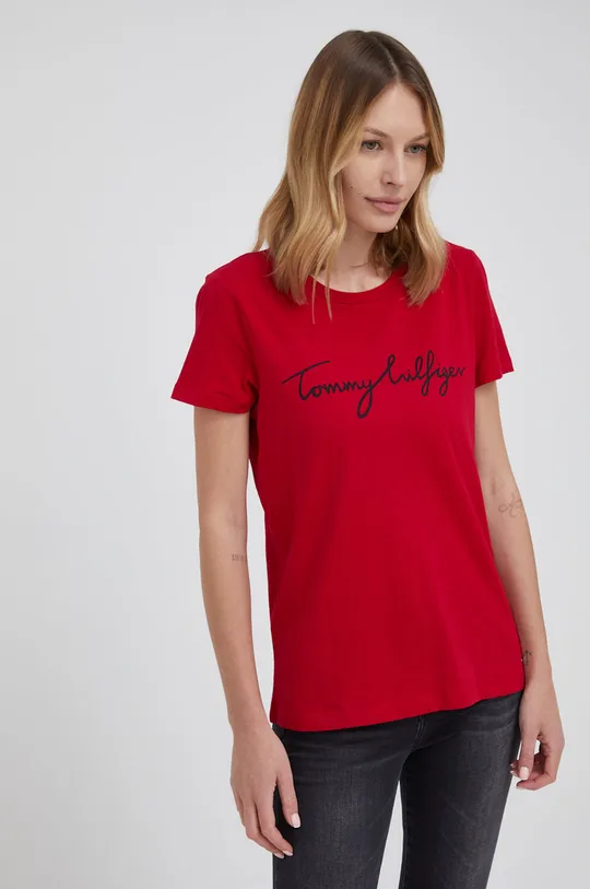 κόκκινο Βαμβακερό μπλουζάκι Tommy Hilfiger
