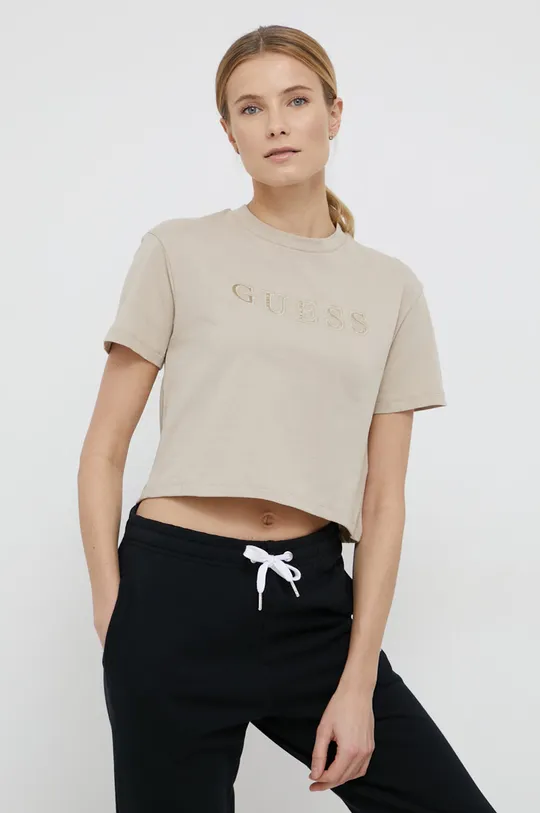 beżowy Guess T-shirt bawełniany Damski