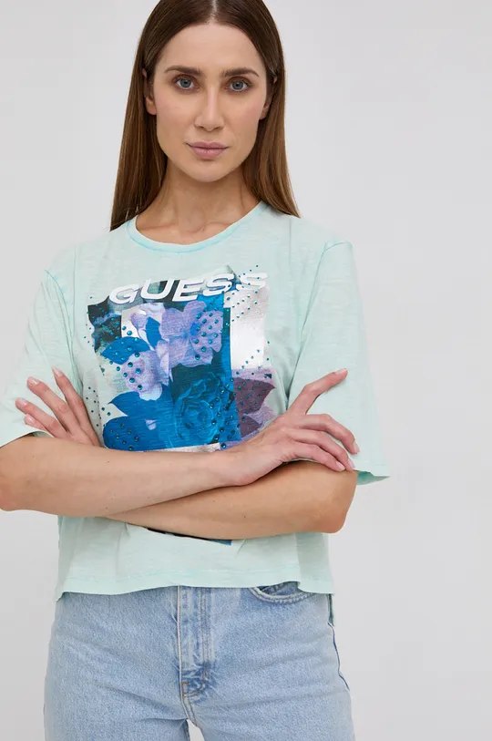 τιρκουάζ Βαμβακερό μπλουζάκι Guess Γυναικεία