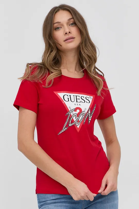 κόκκινο Βαμβακερό μπλουζάκι Guess Γυναικεία