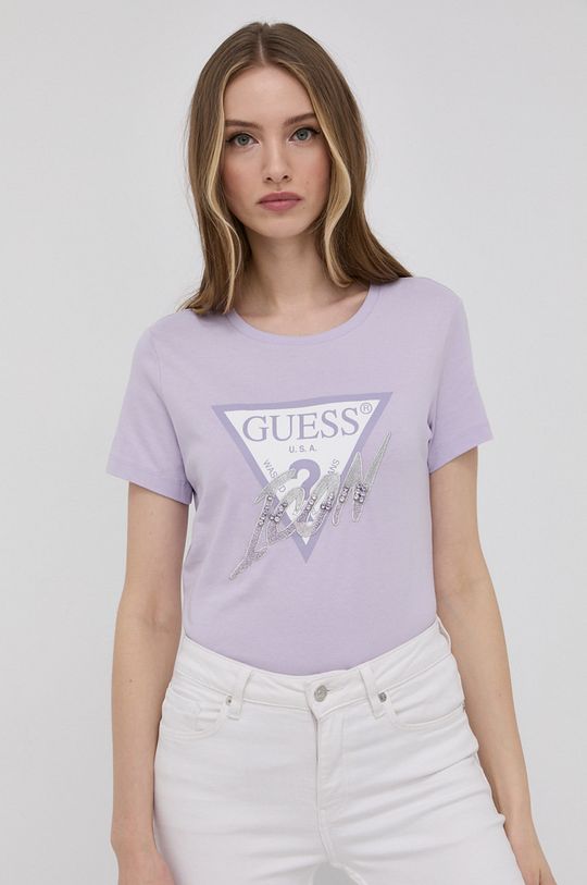 levanduľová Bavlnené tričko Guess