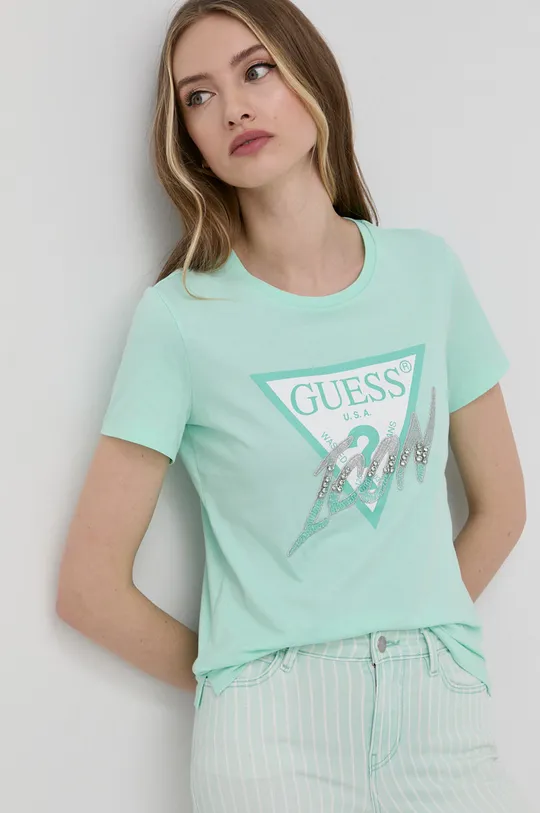 Bavlnené tričko Guess tyrkysová