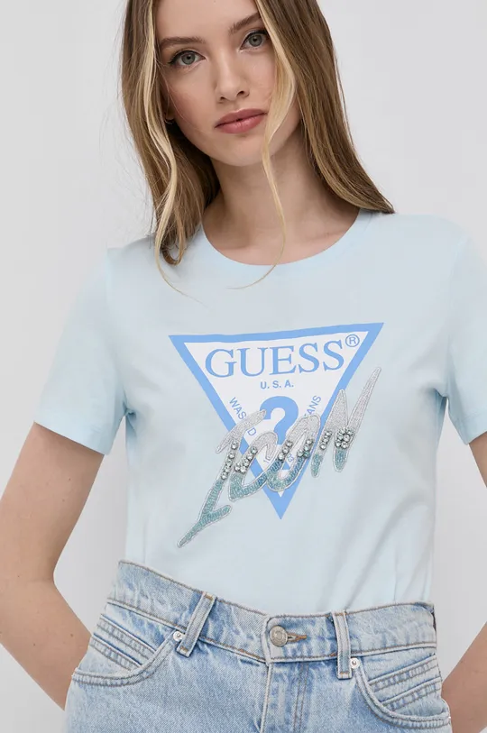 modrá Bavlnené tričko Guess Dámsky