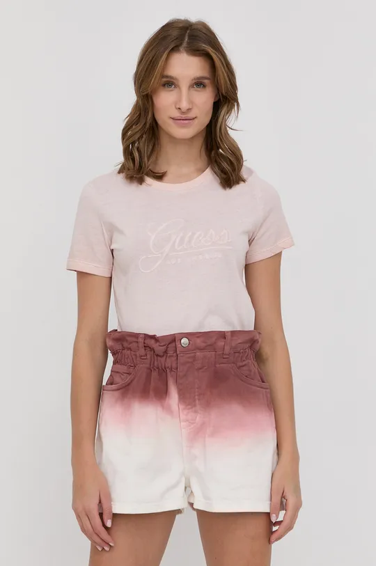 ροζ Βαμβακερό μπλουζάκι Guess Γυναικεία