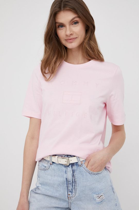 pastelově růžová Bavlněné tričko Tommy Hilfiger Dámský