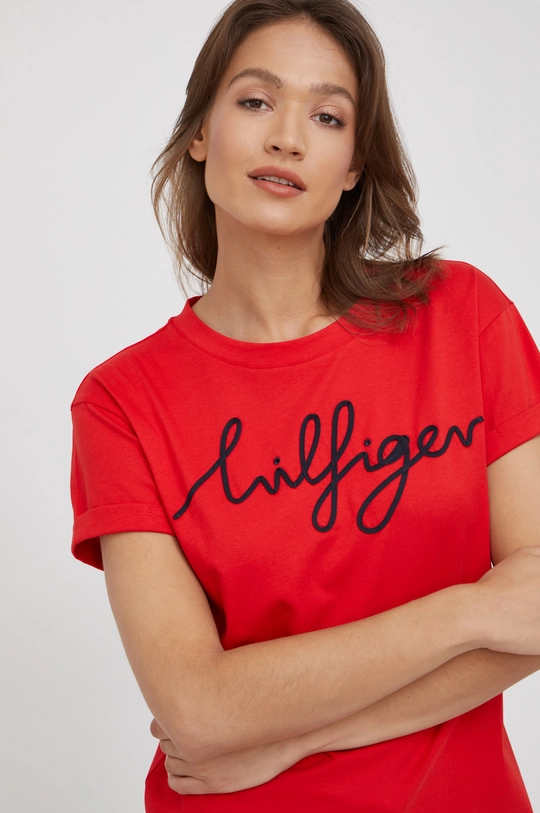 czerwony Tommy Hilfiger t-shirt bawełniany