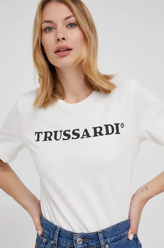 beżowy Trussardi T-shirt bawełniany Damski