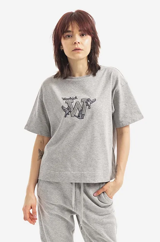 siva Bombažna kratka majica Woolrich GRAPHIC Ženski