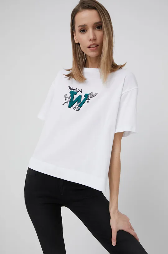 λευκό Βαμβακερό μπλουζάκι Woolrich Γυναικεία