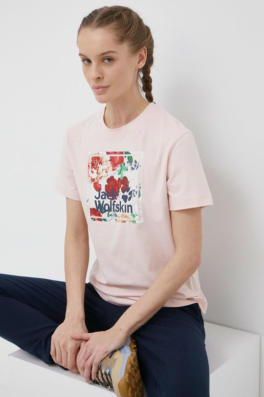 pastelowy różowy Jack Wolfskin t-shirt bawełniany Damski