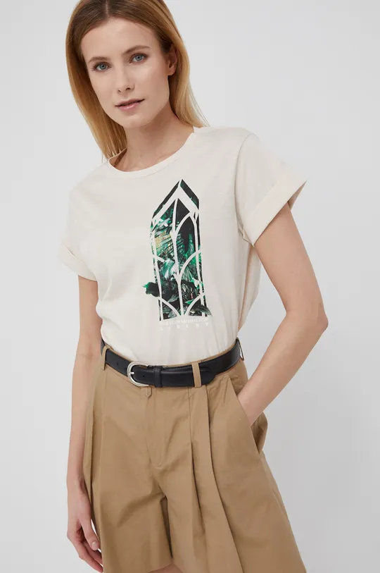 Βαμβακερό μπλουζάκι Sisley μπεζ