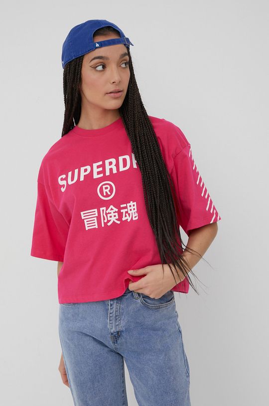fuchsiová Bavlněné tričko Superdry Dámský