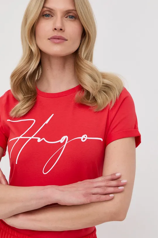 κόκκινο Βαμβακερό μπλουζάκι HUGO Γυναικεία