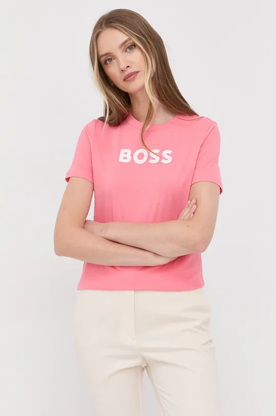 Βαμβακερό μπλουζάκι BOSS ροζ