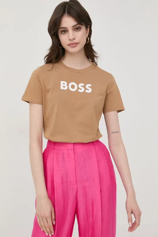 Βαμβακερό μπλουζάκι BOSS μπεζ