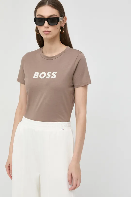 Бавовняна футболка BOSS коричневий