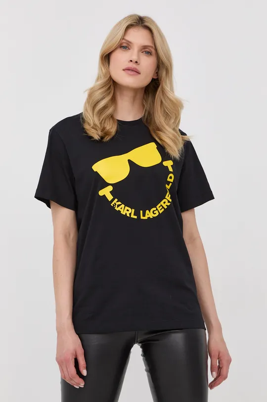 czarny Karl Lagerfeld t-shirt bawełniany 221W1752 Damski