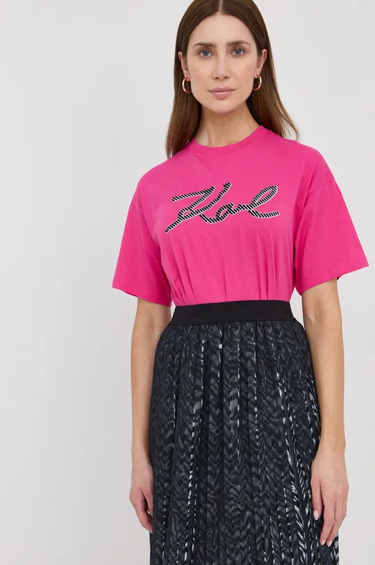 różowy Karl Lagerfeld t-shirt bawełniany 221W1705 Damski