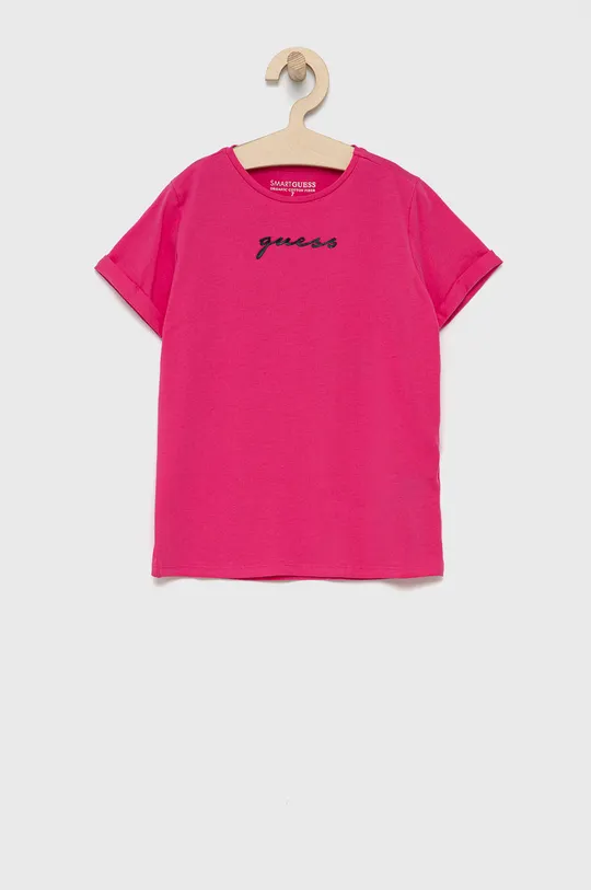 różowy Guess T-shirt dziecięcy Dziewczęcy