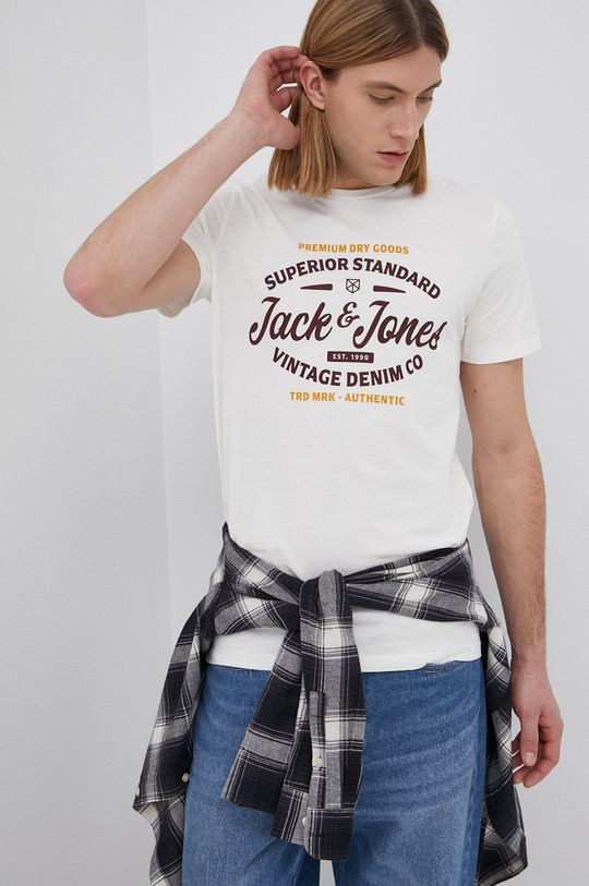 kremowy Premium by Jack&Jones T-shirt bawełniany Męski