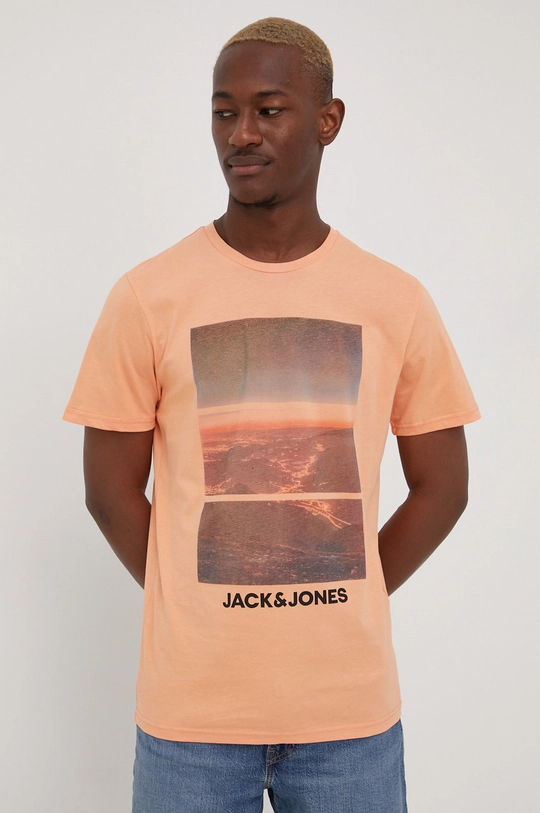 Βαμβακερό μπλουζάκι Jack & Jones πορτοκαλί