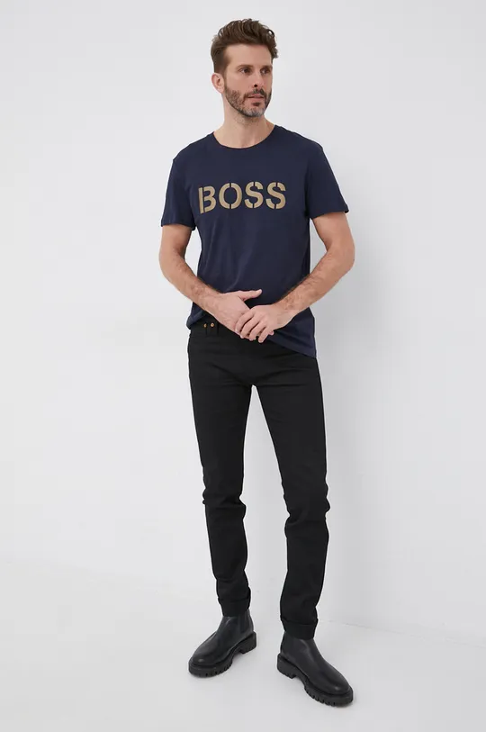 Бавовняна футболка Boss темно-синій