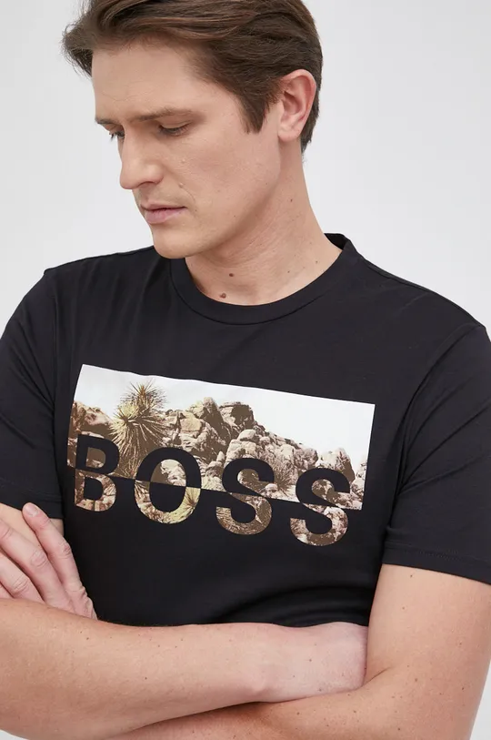 μαύρο Βαμβακερό μπλουζάκι Boss BOSS CASUAL Ανδρικά