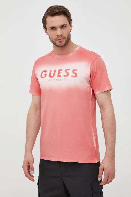różowy Guess t-shirt bawełniany Męski
