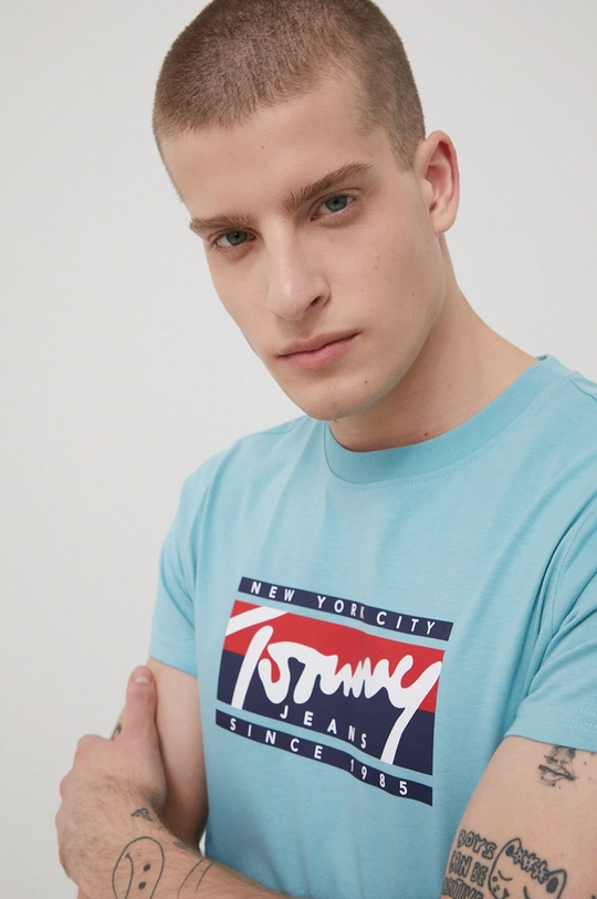 Хлопковая футболка Tommy Jeans голубой