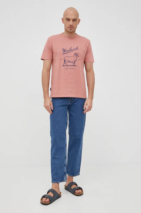 Βαμβακερό μπλουζάκι Woolrich ροζ