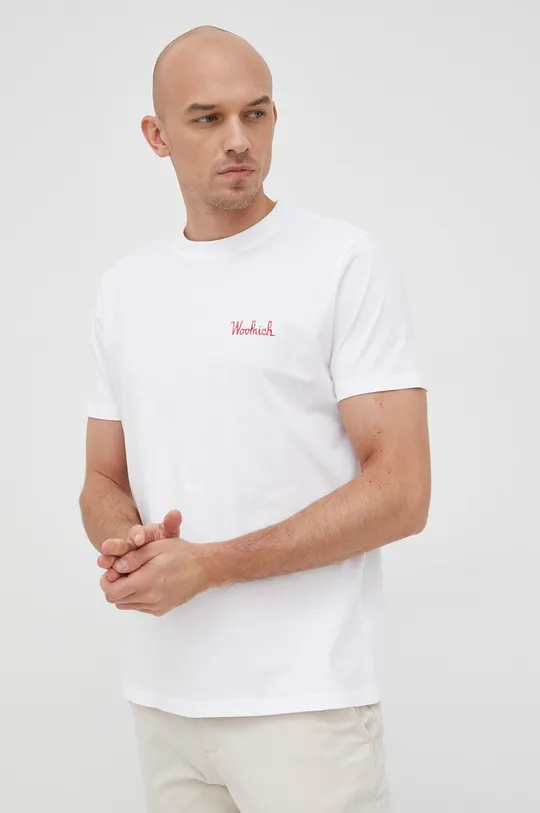 λευκό Βαμβακερό μπλουζάκι Woolrich Ανδρικά