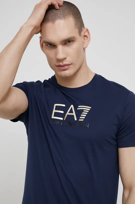 tmavomodrá Bavlnené tričko EA7 Emporio Armani Pánsky