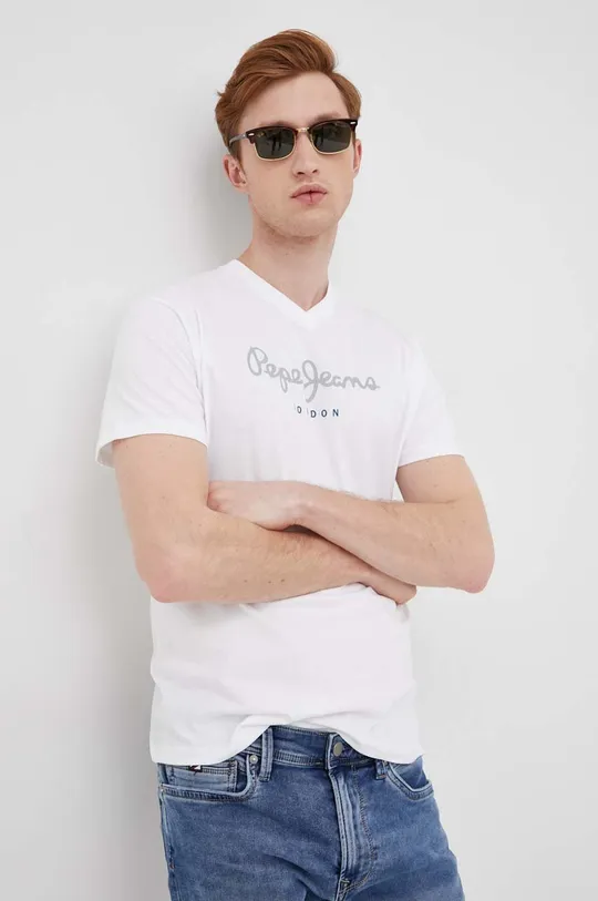 λευκό Βαμβακερό μπλουζάκι Pepe Jeans Eggo V N Ανδρικά