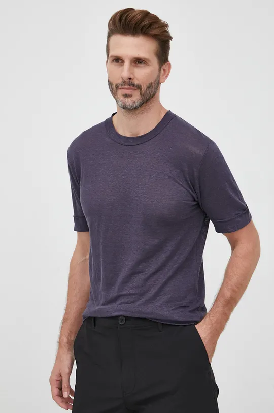 granatowy Drykorn t-shirt lniany Raphael Męski