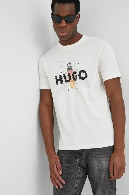 Βαμβακερό μπλουζάκι Hugo μπεζ