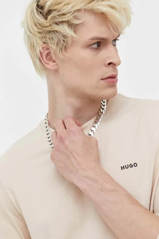 béžová Bavlnené tričko s dlhým rukávom HUGO