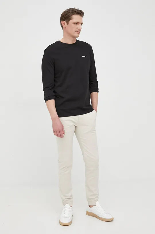 Βαμβακερή μπλούζα με μακριά μανίκια HUGO μαύρο