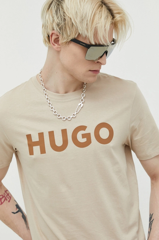 beżowy HUGO t-shirt bawełniany Męski