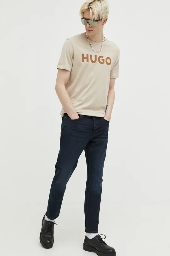 Βαμβακερό μπλουζάκι HUGO μπεζ