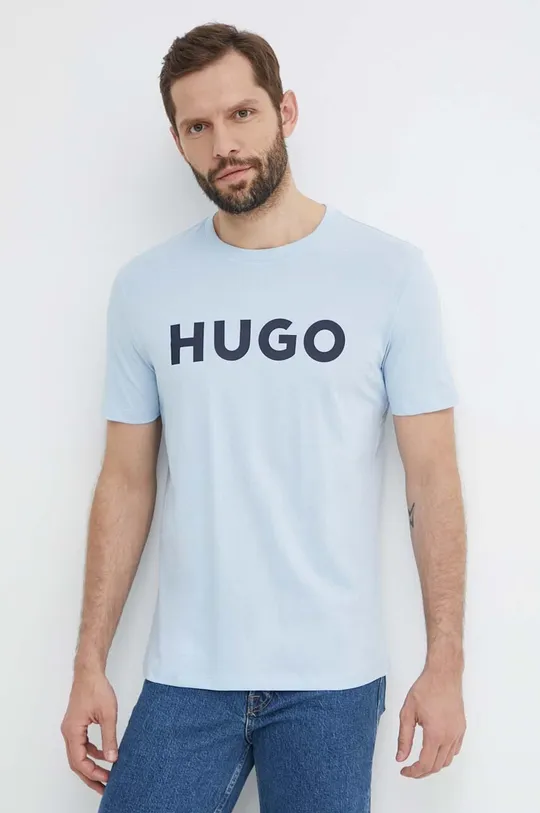 modra Bombažna kratka majica HUGO Moški