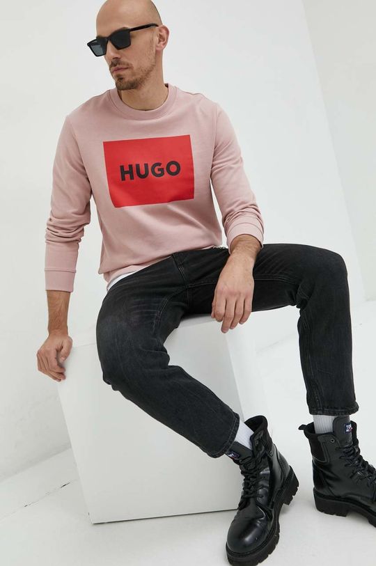 HUGO bluza bawełniana pastelowy różowy
