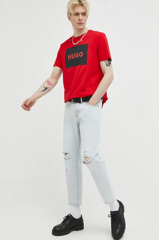 Βαμβακερό μπλουζάκι HUGO κόκκινο