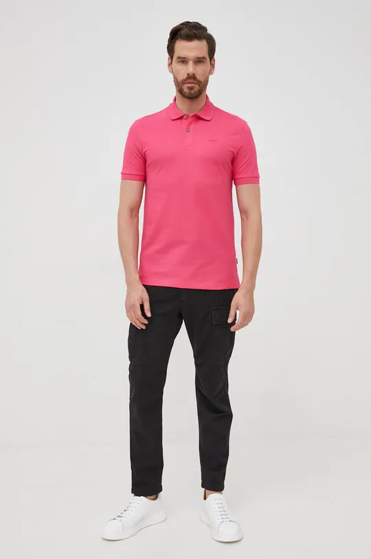Βαμβακερό μπλουζάκι πόλο BOSS ροζ
