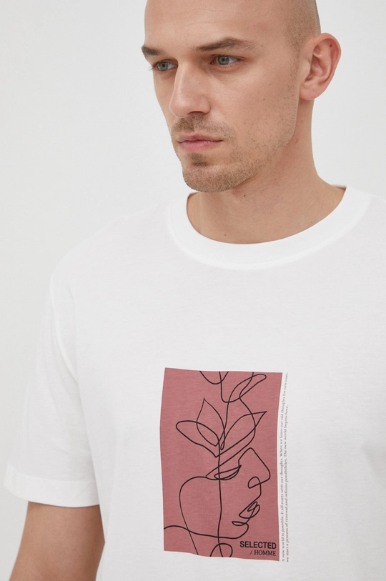 beżowy Selected Homme t-shirt bawełniany