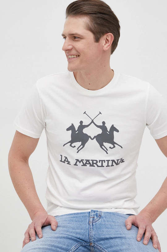 beżowy La Martina t-shirt bawełniany Męski