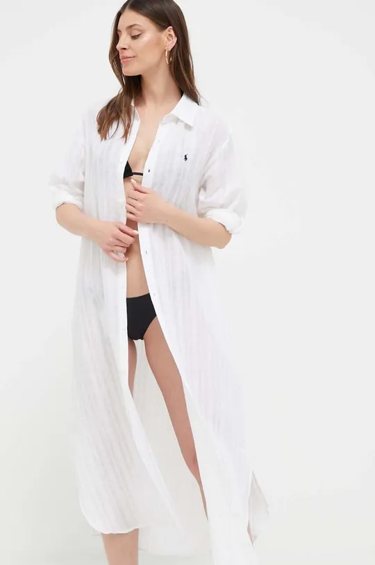 bela Obleka iz mešanice lana Polo Ralph Lauren Ženski