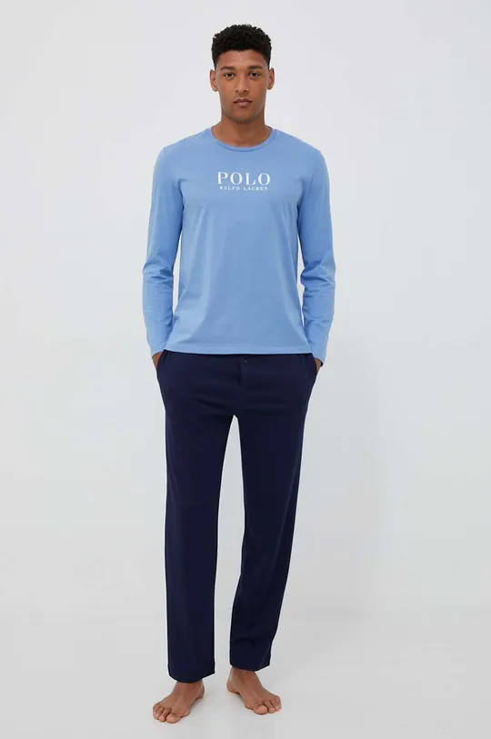 Bombažen pižama longsleeve Polo Ralph Lauren modra