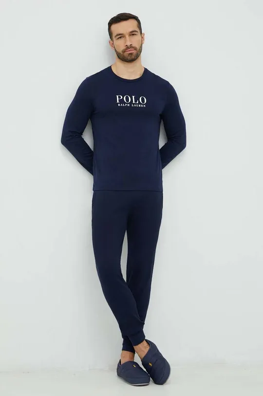 Bombažen pižama longsleeve Polo Ralph Lauren mornarsko modra